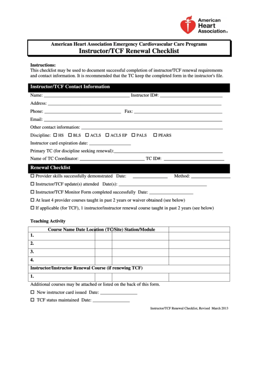 Instructor/tcf Renewal Checklist Template Printable pdf
