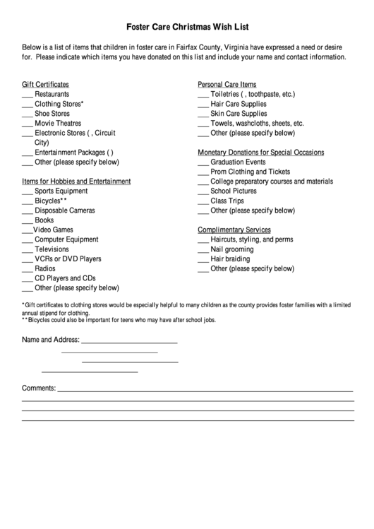 Foster Care Christmas Wish List Template Printable pdf
