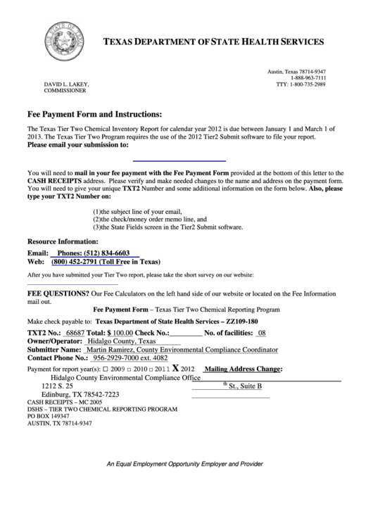 Fee Payment Form And Instructions Texas Printable pdf
