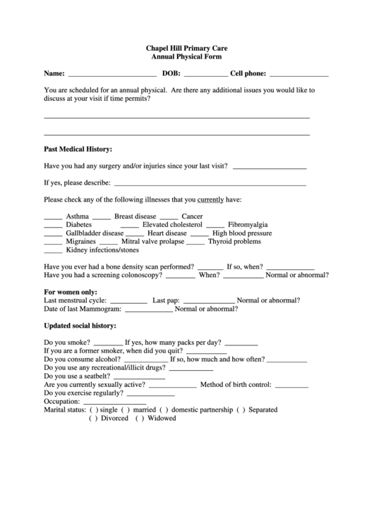 Chapel Hill Primary Care Annual Physical Form