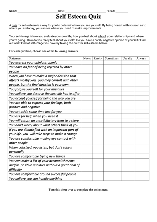 Self Esteem Quiz Worksheet printable pdf download