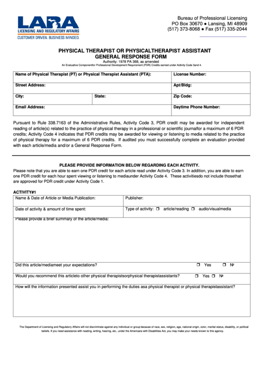 Physical Therapist Or Physical Therapist Assistant General Response Form