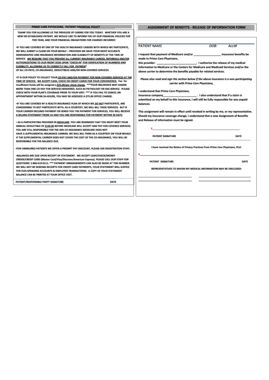 Assignment Of Benefits Financial Agreement - Prime Care Physicians Printable pdf