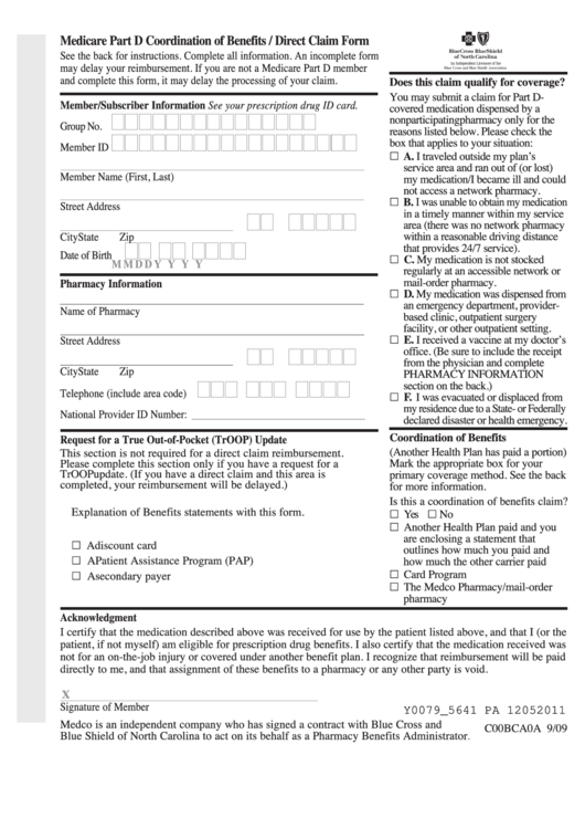 Fillable Medicare Part D Coordination Of Benefits Direct Claim Form Printable pdf