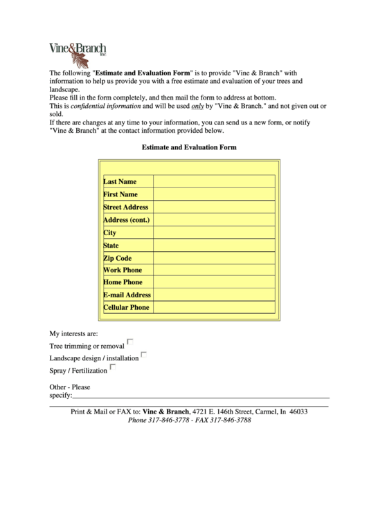 Estimate And Evaluation Form Printable pdf
