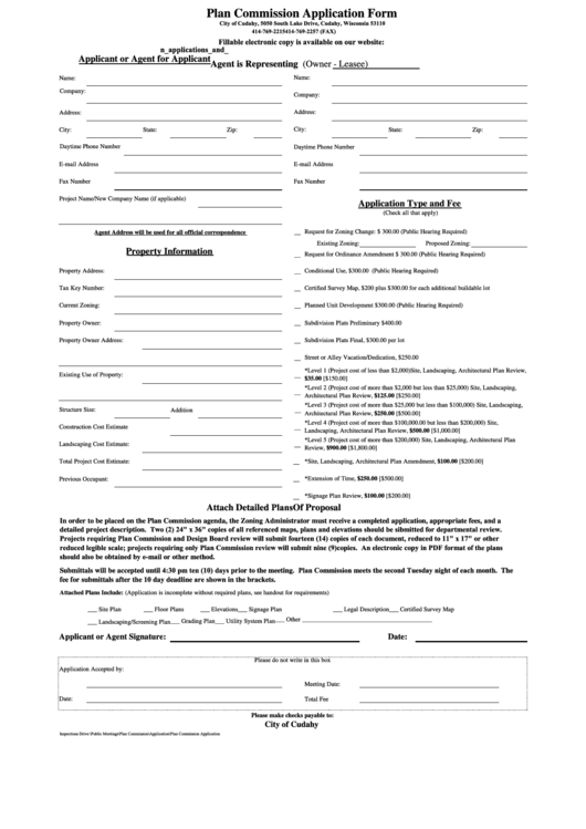 Fillable Plan Commission Application Form - City Of Cudahy Wi Printable pdf