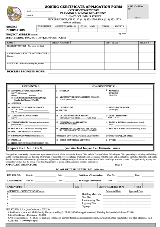 Zoning Certificate Application Form Printable pdf