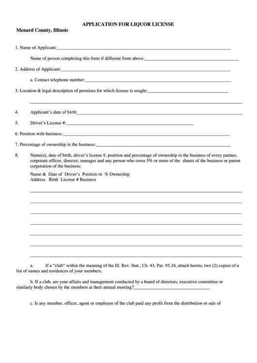 Application For Liquor License Menard County Illinois Printable pdf