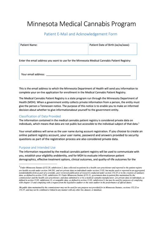 Patient E-Mail And Acknowledgement Form - Minnesota Printable pdf