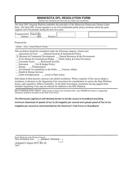 Minnesota Dfl Resolution Form Printable pdf