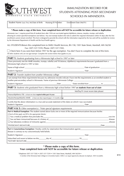 Immunization Record For Students Attending Post-Secondary Schools Printable pdf