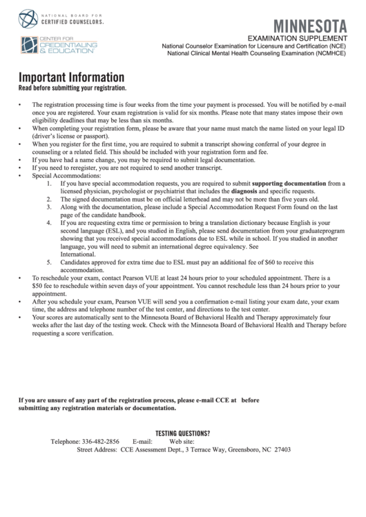 Fillable Minnesota Licensure Examination Registration Form Printable pdf