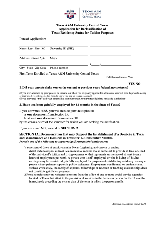 Fillable Texas Am University Central Texas Application For Reclassification Printable pdf