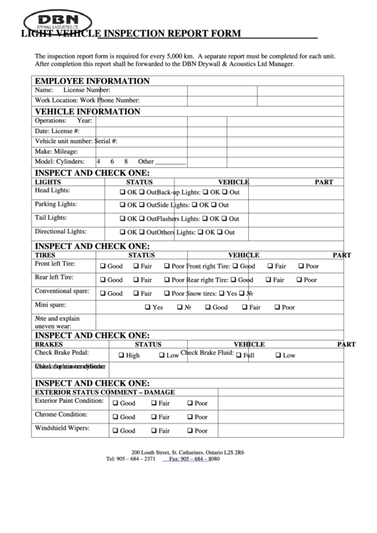 Light Vehicle Inspection Report Form Printable pdf