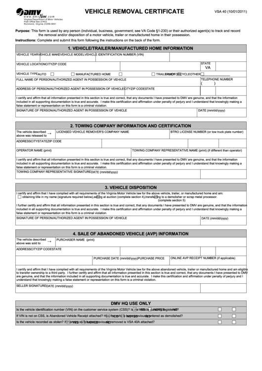 Fillable Form Vsa 40 - Vehicle Removal Certificate Printable pdf