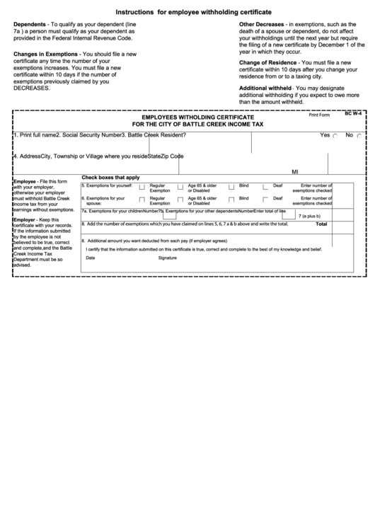 Fillable Form Bc W-4 - Employees Witholding Certificate For The City Of Battle Creek Income Tax Printable pdf