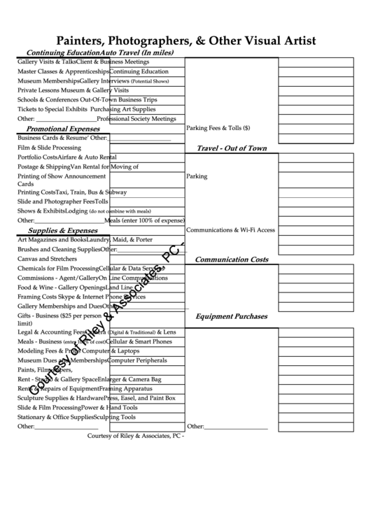 Visual Artists Expense Worksheet Printable pdf