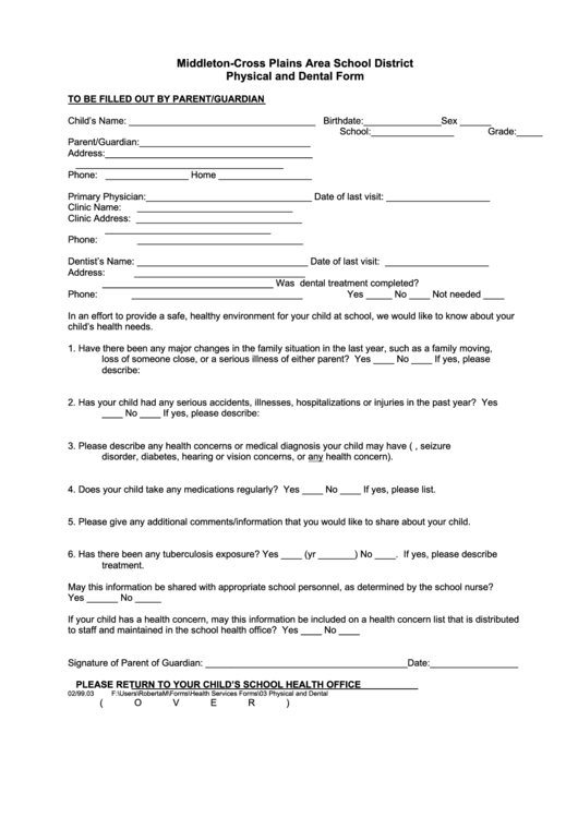Middleton Cross Plains Area School District Physical And Dental Form Printable pdf