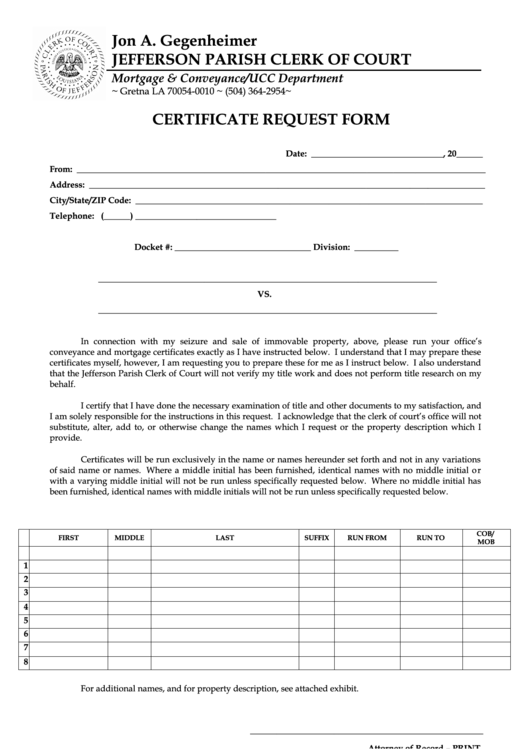 Fillable Certificate Request Form - Jefferson Parish Clerk Of Court Printable pdf