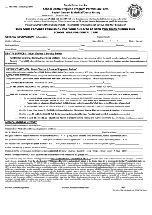 School Dental Hygiene Program Permission Form - Thornton Academy Printable pdf