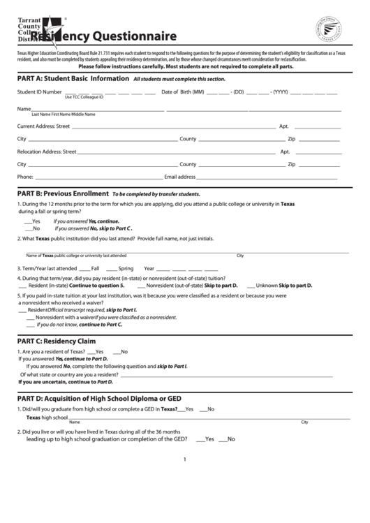 Residency Questionnaire Template Printable pdf