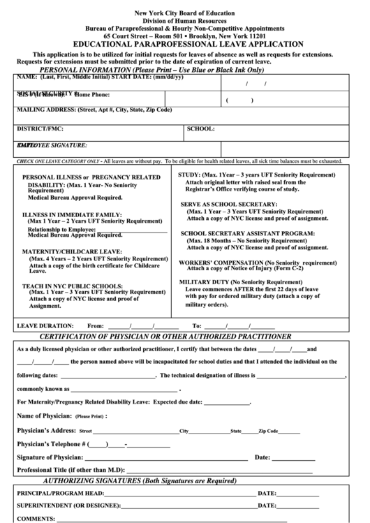 Leave Application Form - New York City Department Of Education Printable pdf