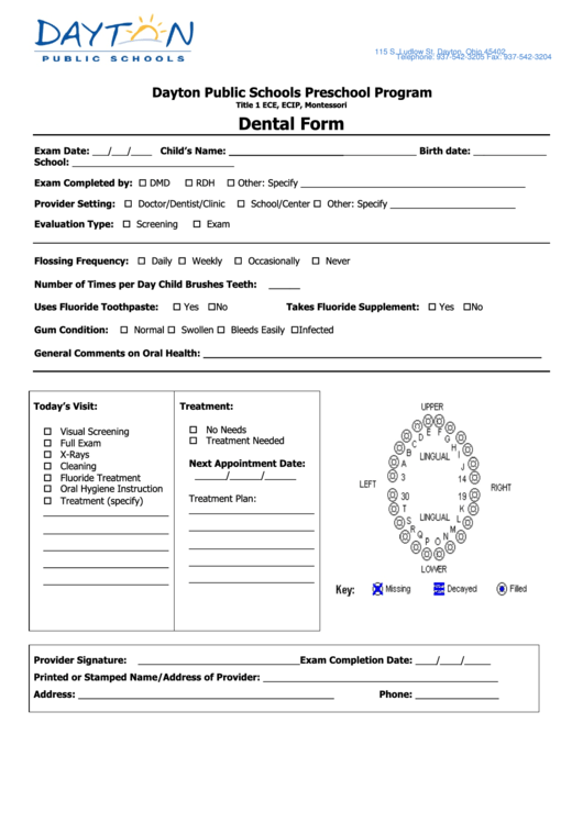 Dental Form - Dayton Public Schools Printable pdf