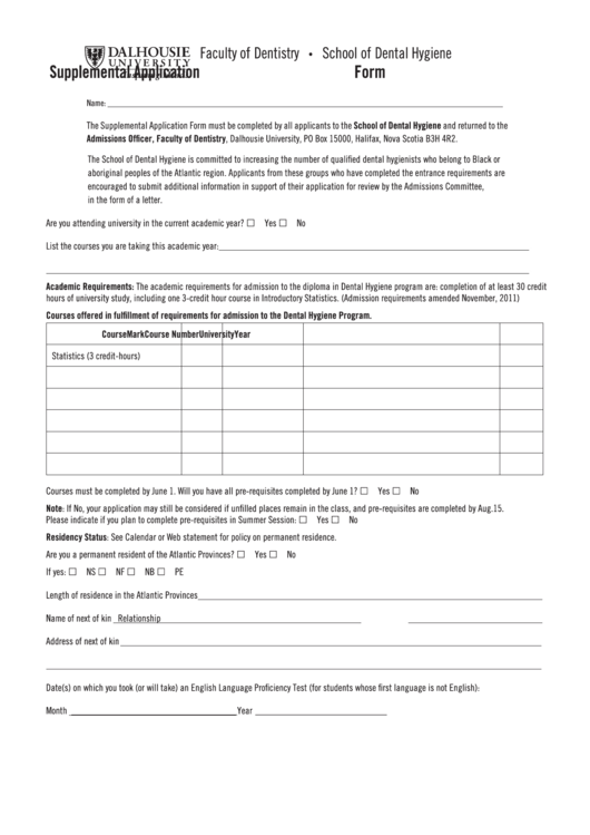 Supplemental Application Form - Dalhousie University Printable pdf
