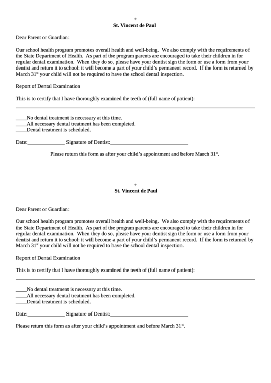 Dental Medication Forms - St. Vincent De Paul School Printable pdf