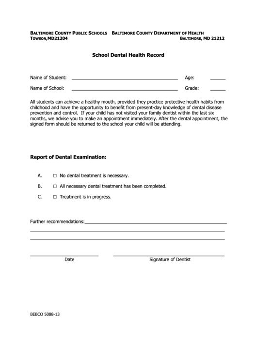 School Dental Health Record Printable pdf