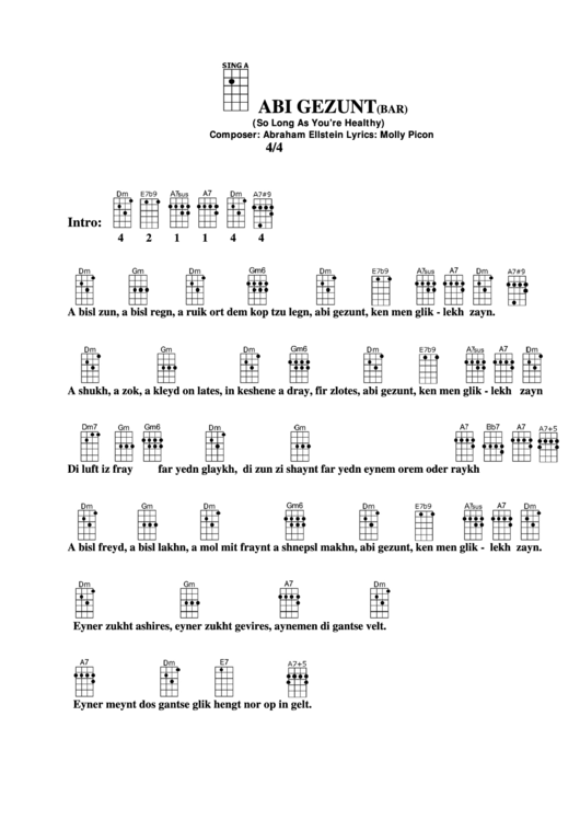 Ukulele Chord Chart - Abi Gezunt (Bar) (So Long As You Healthy) Printable pdf