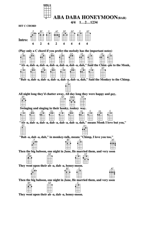 Ukulele Chord Chart - Aba Daba Honeymoon (Bar) Printable pdf