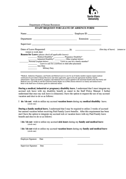 Staff Request For Leave Of Absence Form Printable pdf
