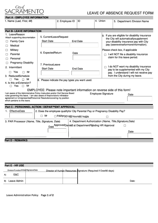Fillable Leave Of Absence Request Form - City Of Sacramento Printable pdf