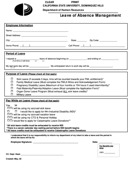 Leave Of Absence Management Form Printable pdf