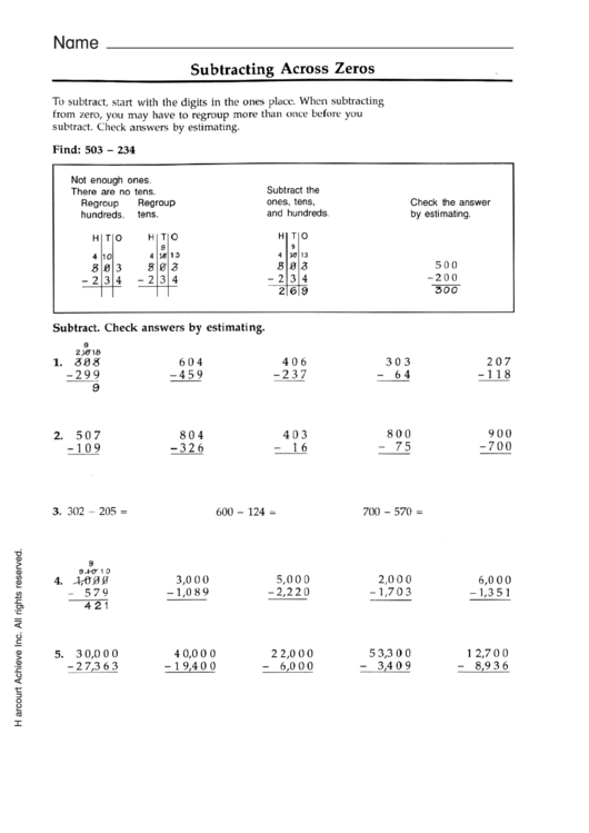 Subtracting Across Zeros Worksheet With Answer Key Printable pdf