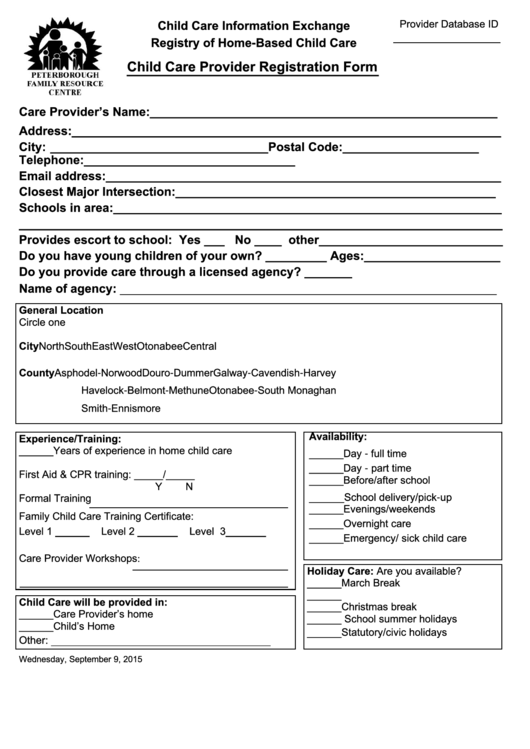 Fillable Child Care Provider Registration Form Printable pdf