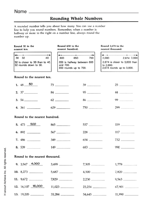 Rounding Whole Numbers Worksheet With Answer Key Printable pdf