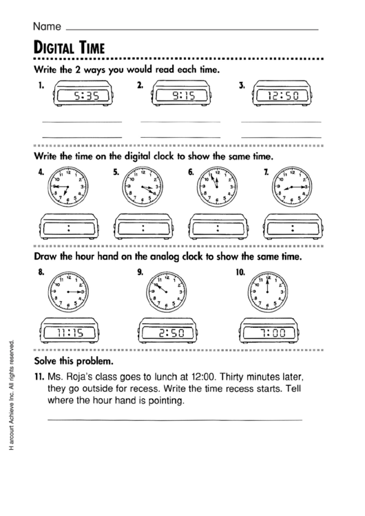 Digital Time Worksheet With Answer Key Printable pdf