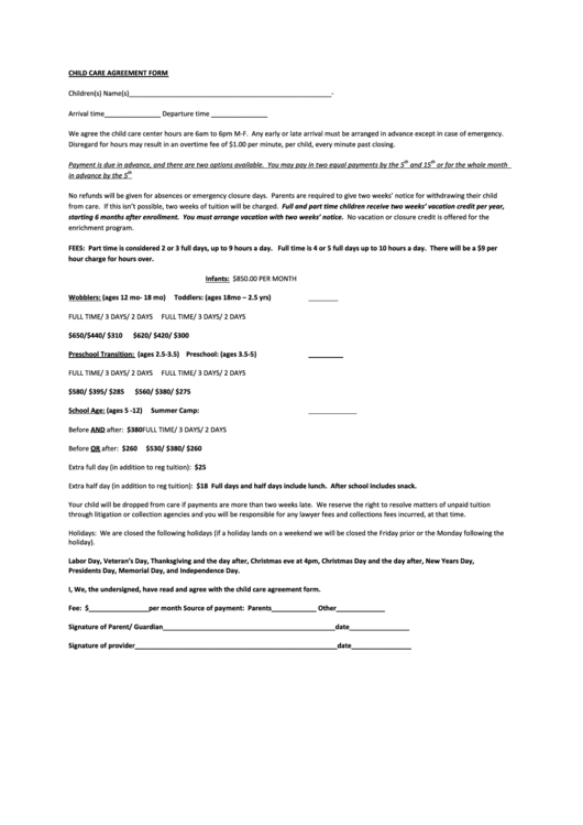 Child Care Agreement Form Printable pdf