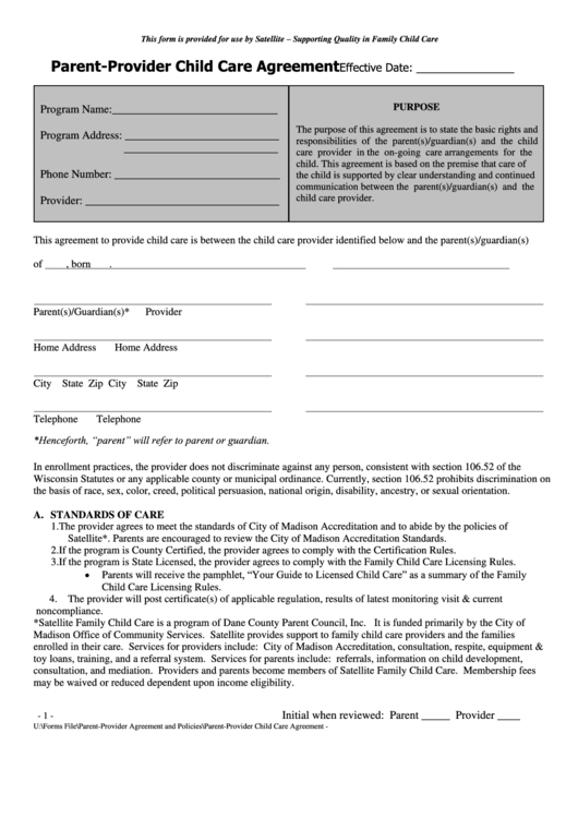 Parent Provider Child Care Agreement - Satellite Family Child Care Printable pdf
