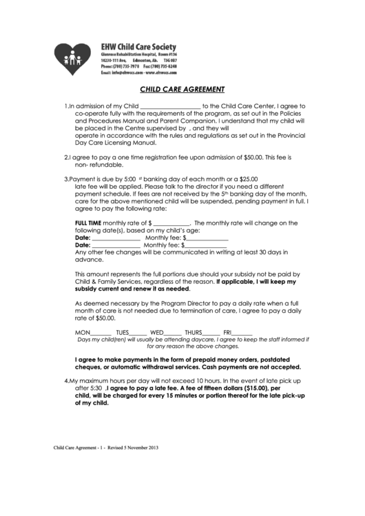 Child Care Agreement Ehwccs Printable pdf