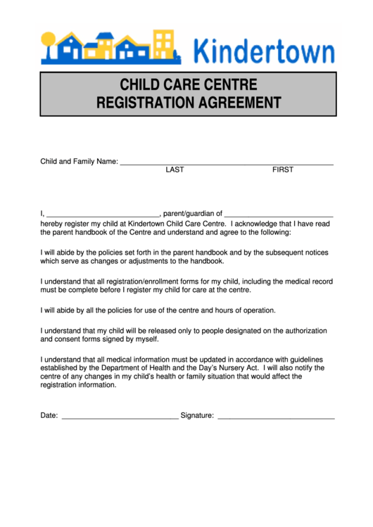 Child Care Centre Registration Agreement Printable pdf