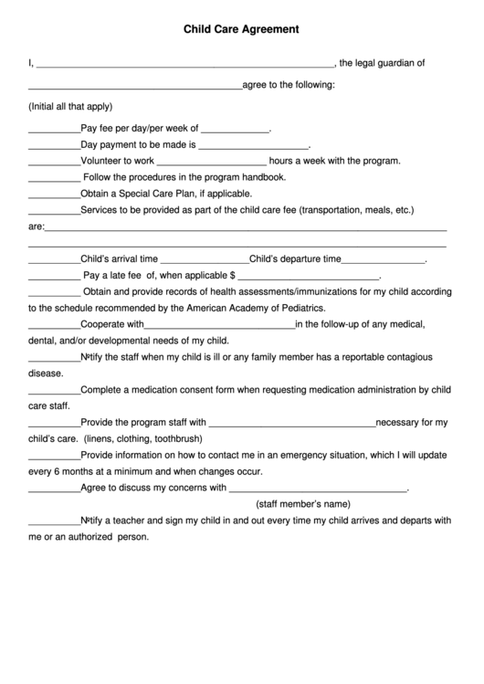 Child Care Agreement Template Printable pdf