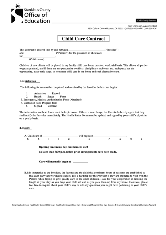 Child Care Contract Printable pdf