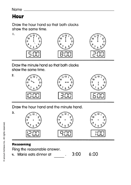 Half Hour Worksheet With Answer Key Printable pdf