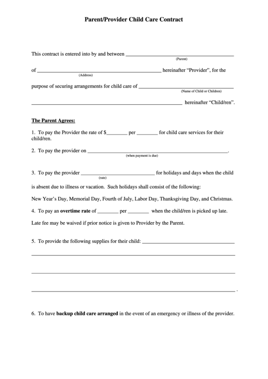 Parent Provider Child Care Contract - Council Of Community Services Printable pdf