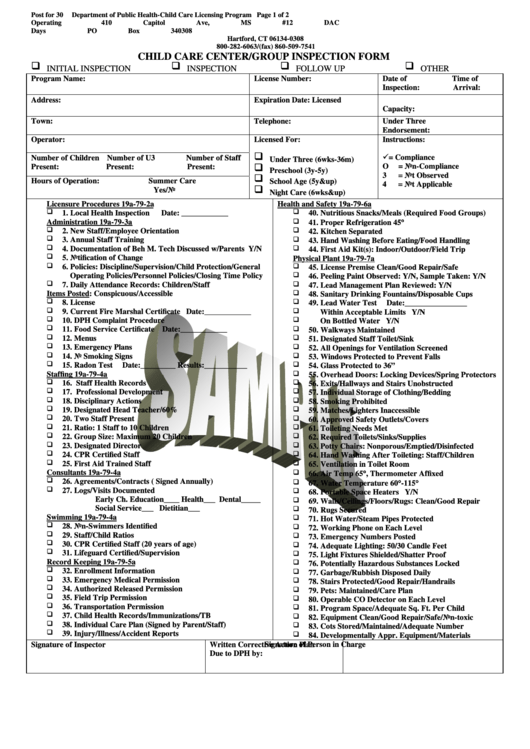 Child Care Center/group Inspection Form Printable pdf
