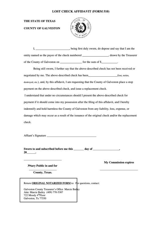 Lost Check Affidavit (Form 510) - Galveston County Printable pdf