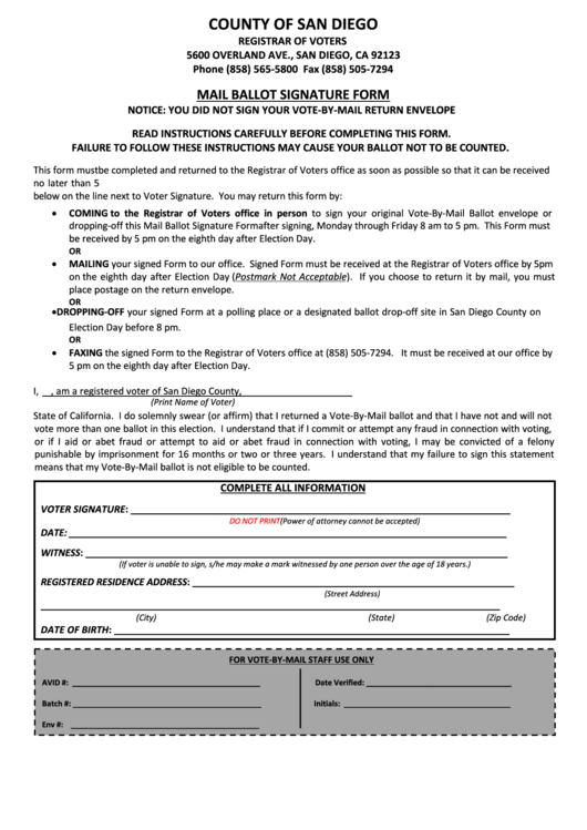 Mail Ballot Signature Form Printable pdf